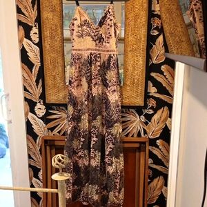 Aqua Floral Beaded V-Neck Maxi Dress